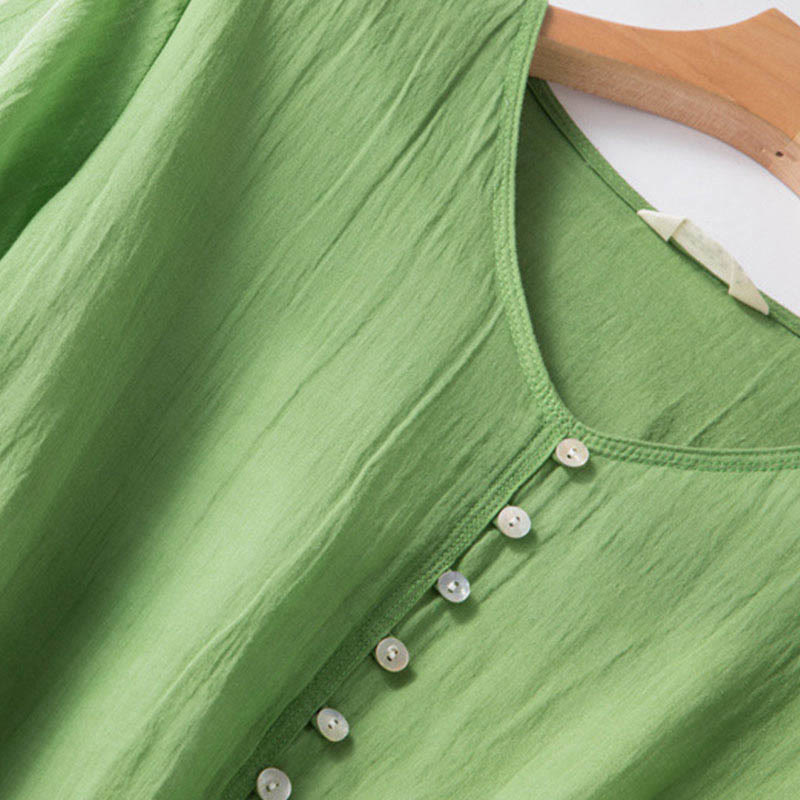 Buddha Stones Sommer-Midikleid aus Baumwolle und Leinen mit V-Ausschnitt und halblangen Ärmeln