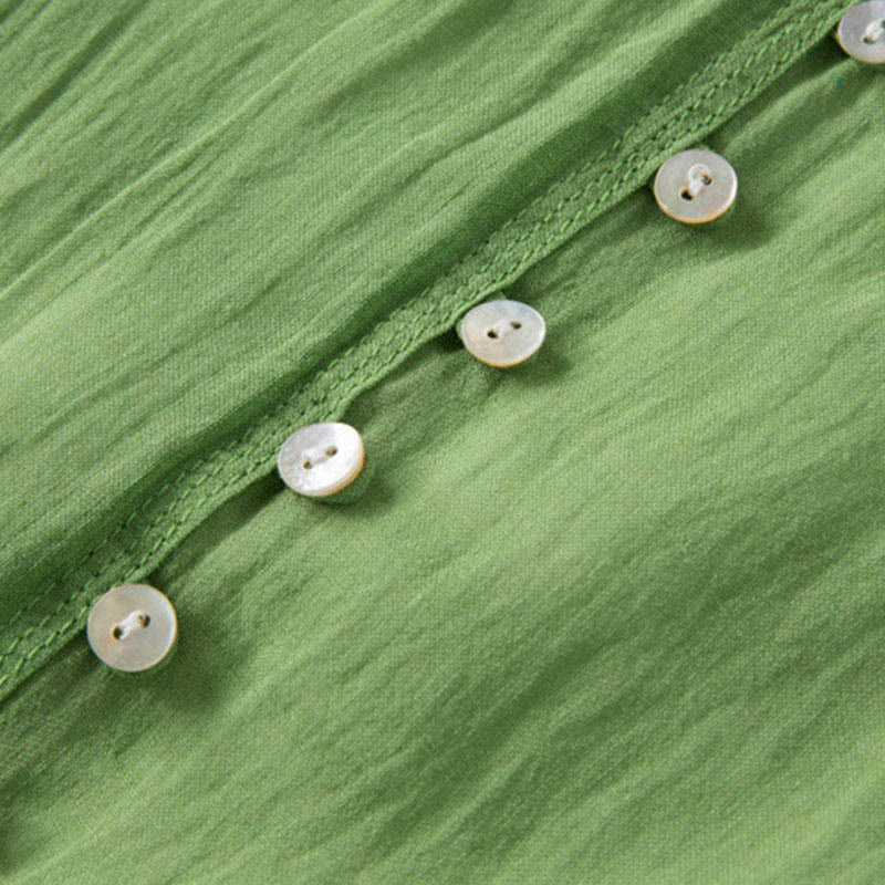 Buddha Stones Sommer-Midikleid aus Baumwolle und Leinen mit V-Ausschnitt und halblangen Ärmeln