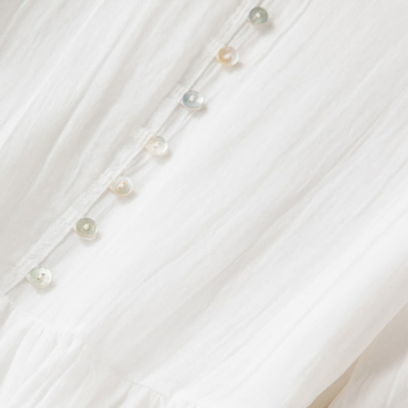 Buddha Stones Sommer-Midikleid aus Baumwolle und Leinen mit V-Ausschnitt und halblangen Ärmeln