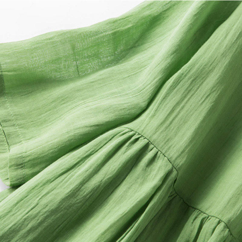 Buddha Stones Sommer-Midikleid aus Baumwolle und Leinen mit V-Ausschnitt und halblangen Ärmeln