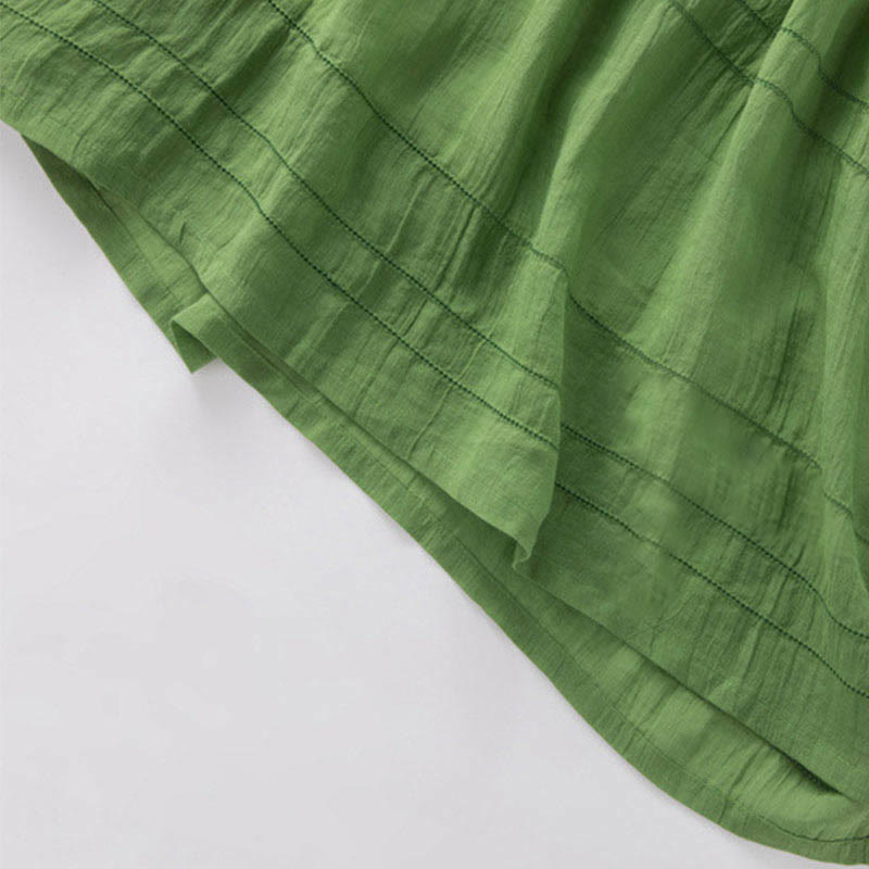 Buddha Stones Sommer-Midikleid aus Baumwolle und Leinen mit V-Ausschnitt und halblangen Ärmeln