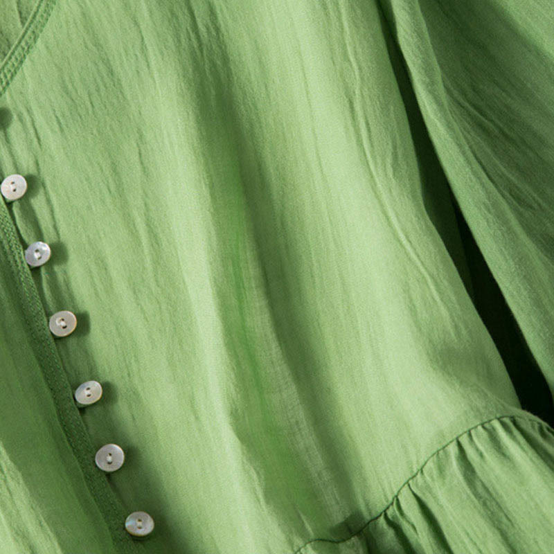 Buddha Stones Sommer-Midikleid aus Baumwolle und Leinen mit V-Ausschnitt und halblangen Ärmeln