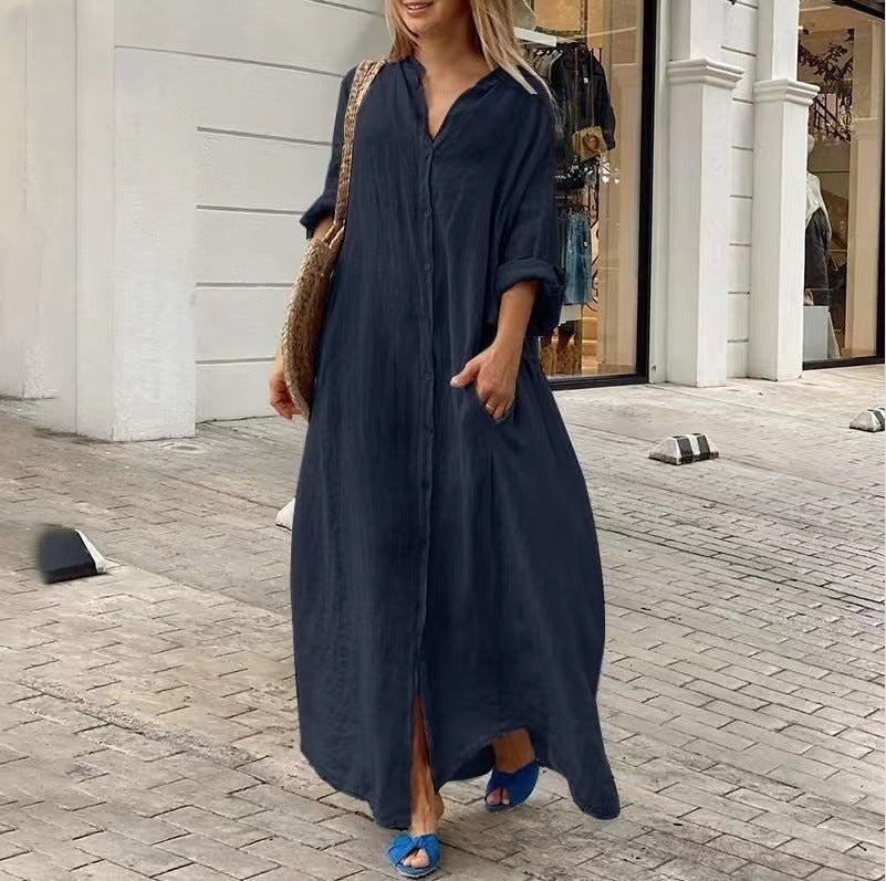WW | Einreiher Baumwoll-Leinen Plus Size Langkleid