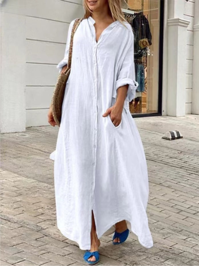 WW | Einreiher Baumwoll-Leinen Plus Size Langkleid