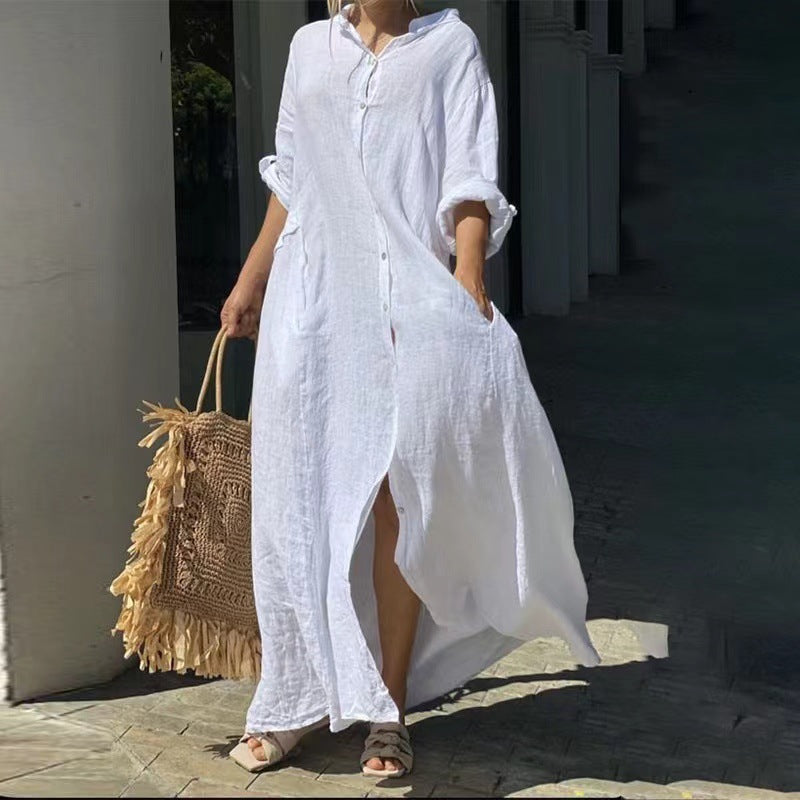 WW | Einreiher Baumwoll-Leinen Plus Size Langkleid