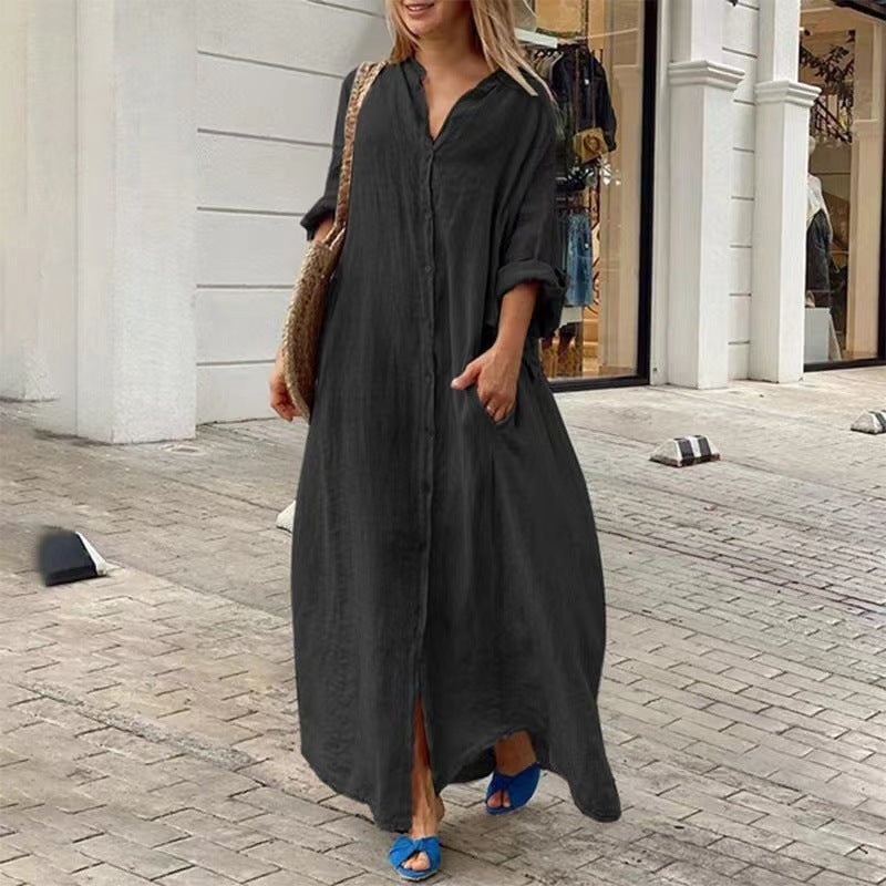 WW | Einreiher Baumwoll-Leinen Plus Size Langkleid