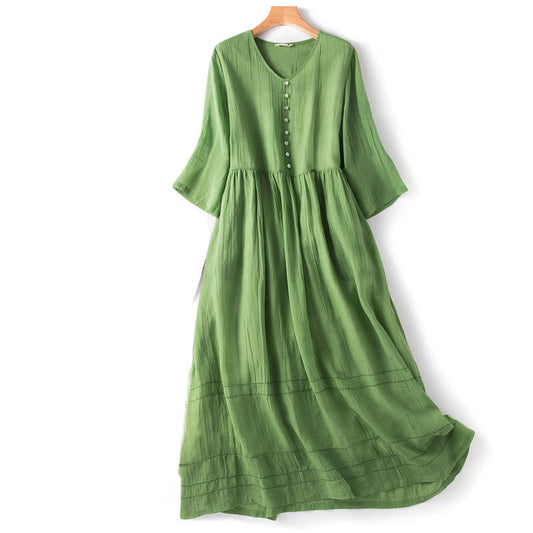 Buddha Stones Sommer-Midikleid aus Baumwolle und Leinen mit V-Ausschnitt und halblangen Ärmeln