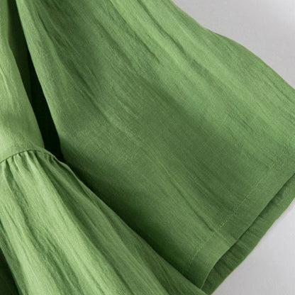 Buddha Stones Sommer-Midikleid aus Baumwolle und Leinen mit V-Ausschnitt und halblangen Ärmeln