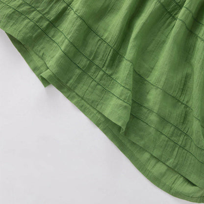Buddha Stones Sommer-Midikleid aus Baumwolle und Leinen mit V-Ausschnitt und halblangen Ärmeln
