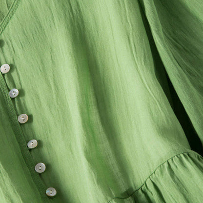 Buddha Stones Sommer-Midikleid aus Baumwolle und Leinen mit V-Ausschnitt und halblangen Ärmeln