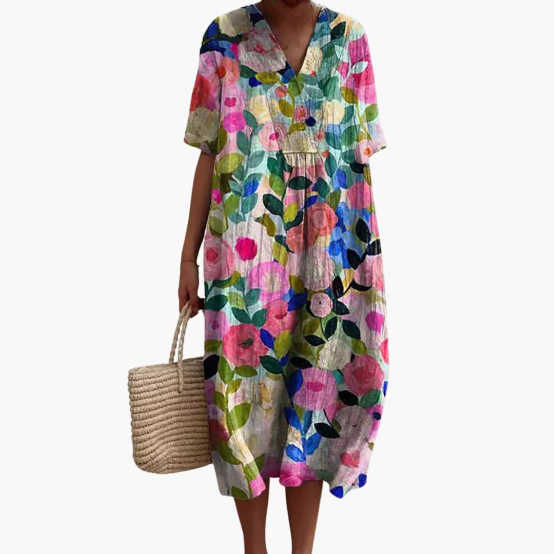 Sommerkleid Damen – Blumenmuster, V-Ausschnitt, Leicht