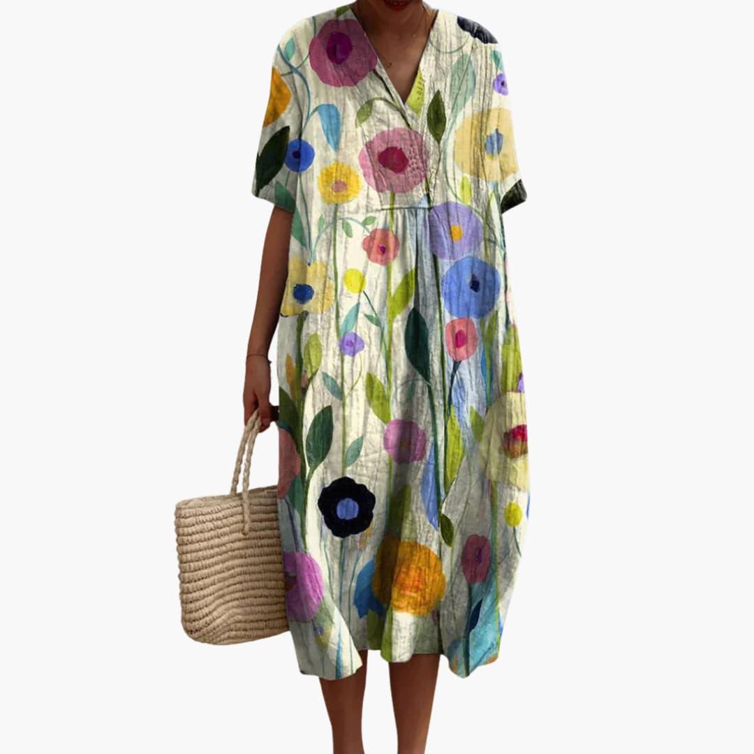 Sommerkleid Damen – Blumenmuster, V-Ausschnitt, Leicht