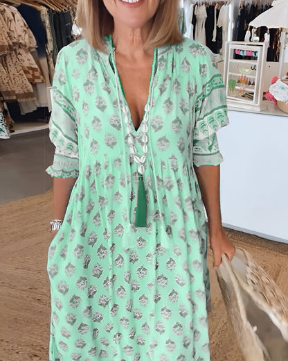Damen V Ausschnitt Kleid Im Boho-stil Mit Blumenmuster | Maxi