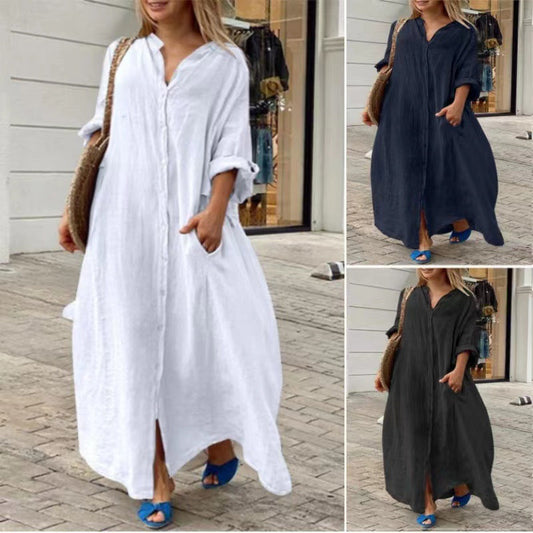 WW | Einreiher Baumwoll-Leinen Plus Size Langkleid