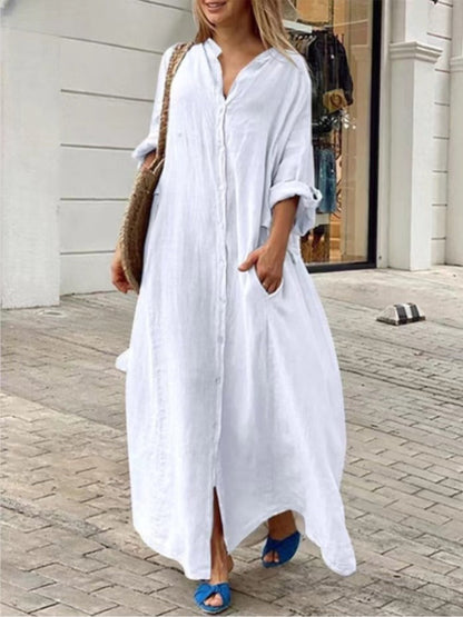 WW | Einreiher Baumwoll-Leinen Plus Size Langkleid