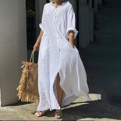 WW | Einreiher Baumwoll-Leinen Plus Size Langkleid