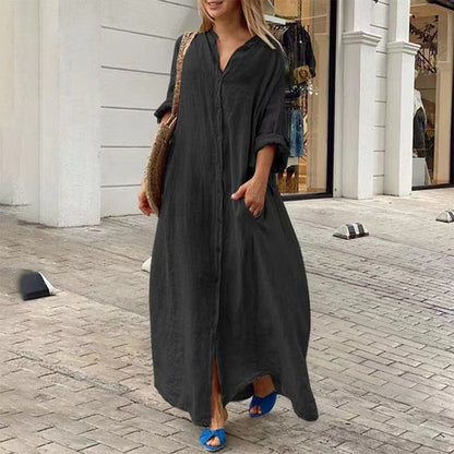 WW | Einreiher Baumwoll-Leinen Plus Size Langkleid