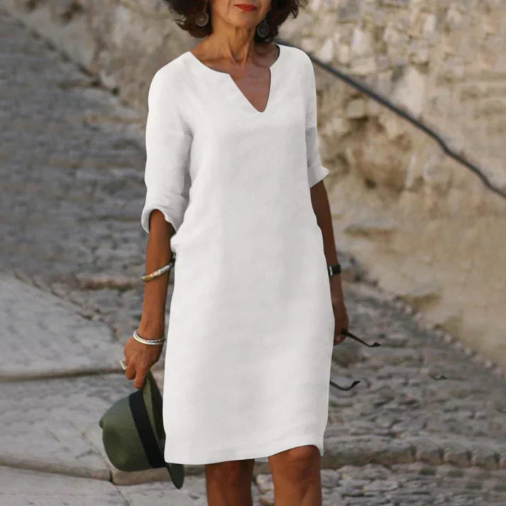 WW | Elegantes Sommerkleid aus Leinen mit V-Ausschnitt