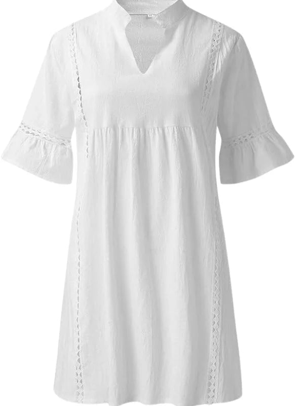 Weißes Tunika-Minikleid für Damen mit Spitzenbesatz und V-Ausschnitt