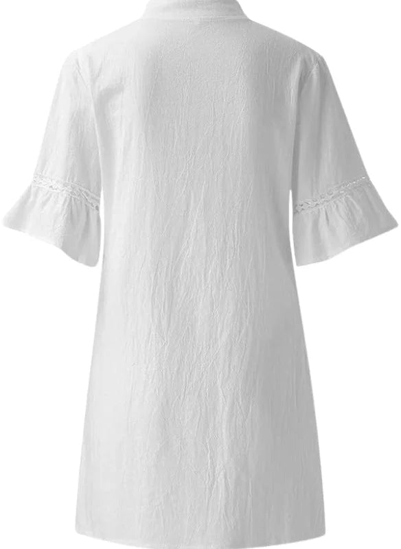Weißes Tunika-Minikleid für Damen mit Spitzenbesatz und V-Ausschnitt