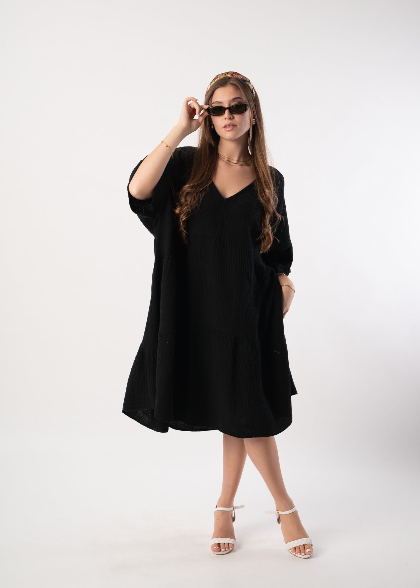 Musselin Tunika Kurzarmkleid - Schwarz