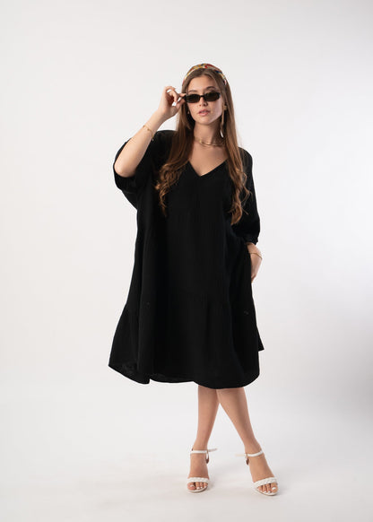 Musselin Tunika Kurzarmkleid - Schwarz