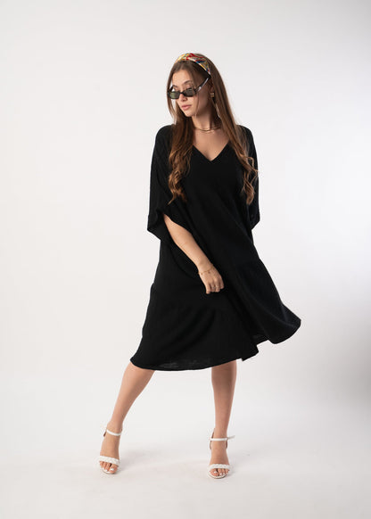Musselin Tunika Kurzarmkleid - Schwarz