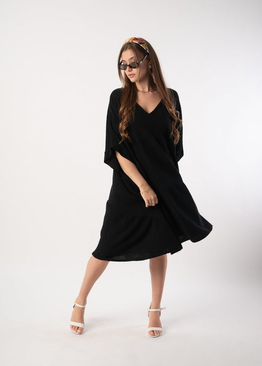 Musselin Tunika Kurzarmkleid - Schwarz