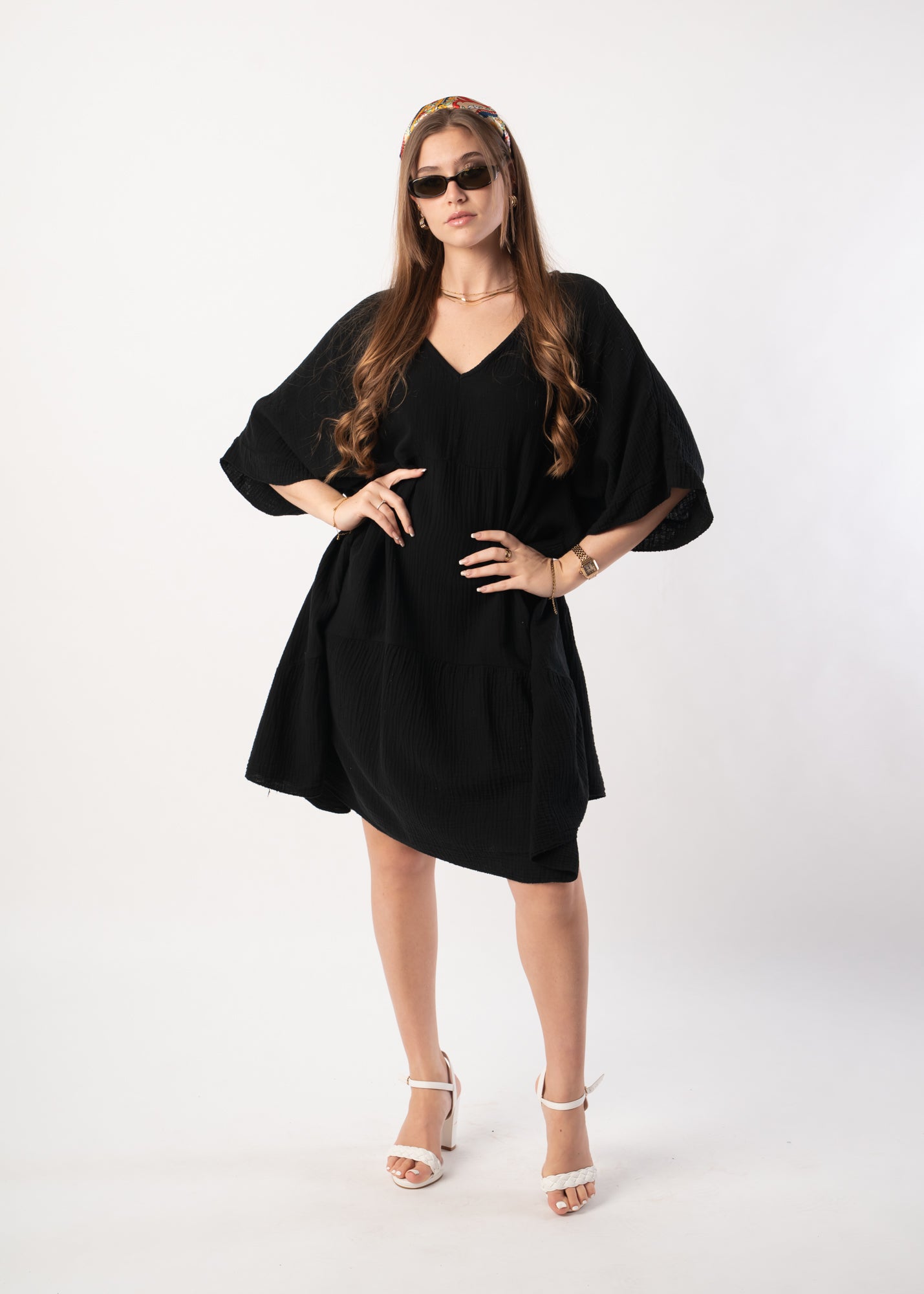 Musselin Tunika Kurzarmkleid - Schwarz