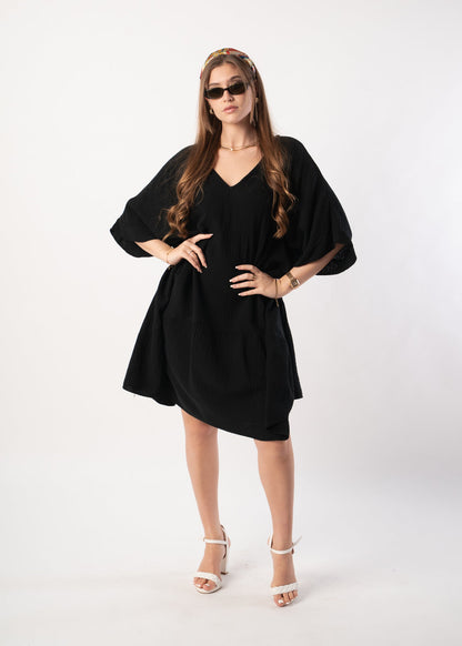 Musselin Tunika Kurzarmkleid - Schwarz