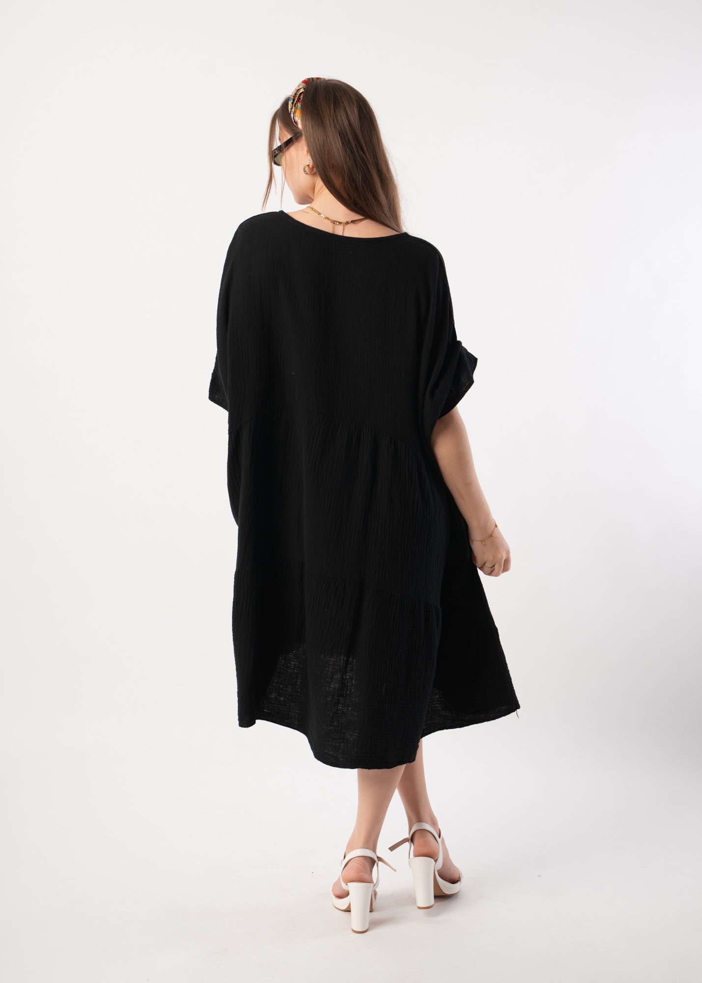 Musselin Tunika Kurzarmkleid - Schwarz