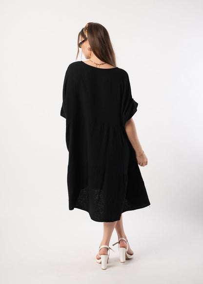 Musselin Tunika Kurzarmkleid - Schwarz
