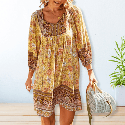 Celina | Boho Mini Sommerkleid mit V-Ausschnitt, Blumenmuster & Weiten Ärmeln – Luftig, Leicht & Feminin
